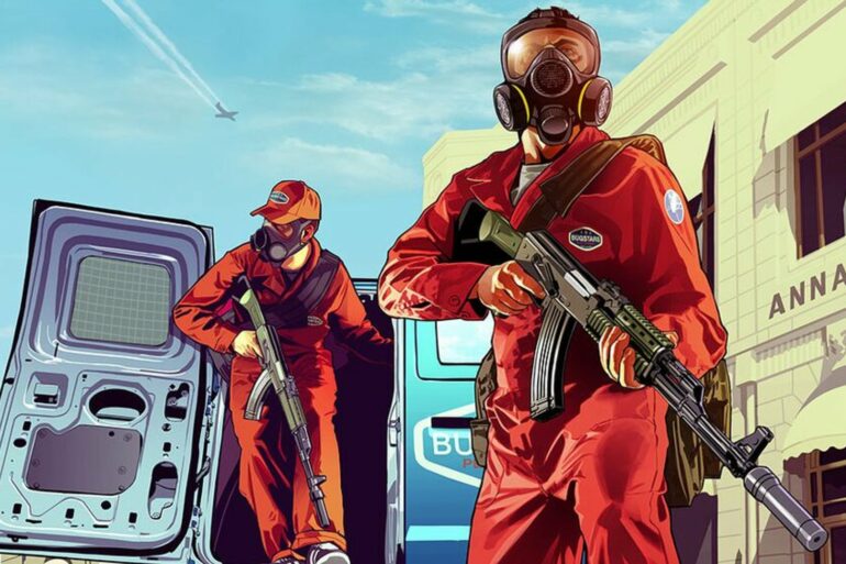 Guys in red jumpsuits getting out of a truck in GTA 5