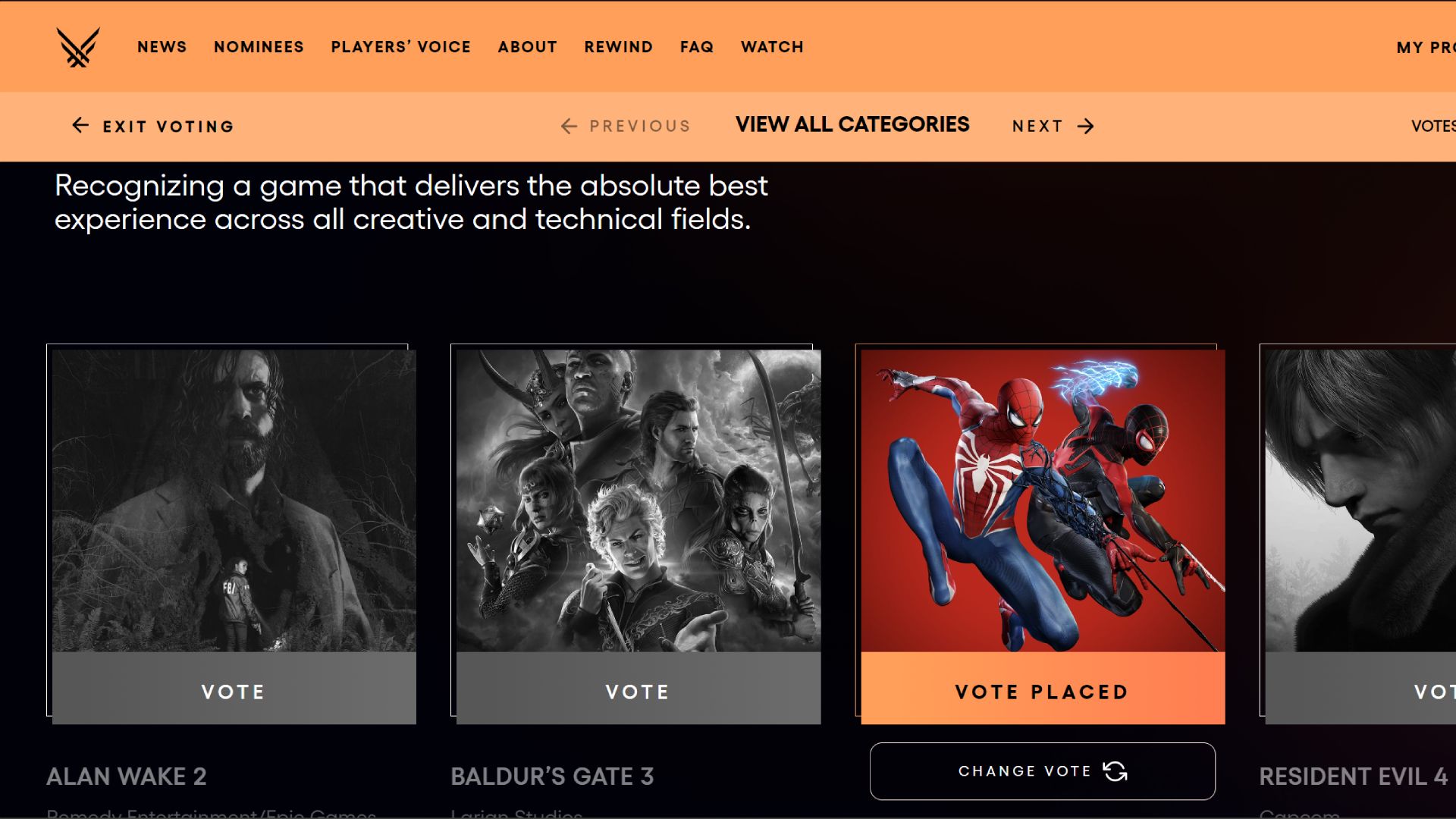 The voting page on The Game Awards website