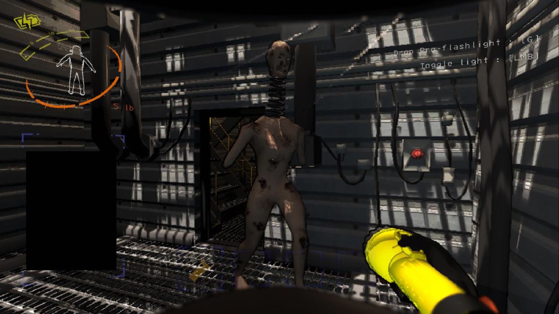 The player using a flash light on the Spring Head in Lethal Company