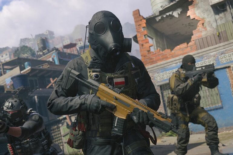 Soldier in a gasmask holding a rifle in MW3