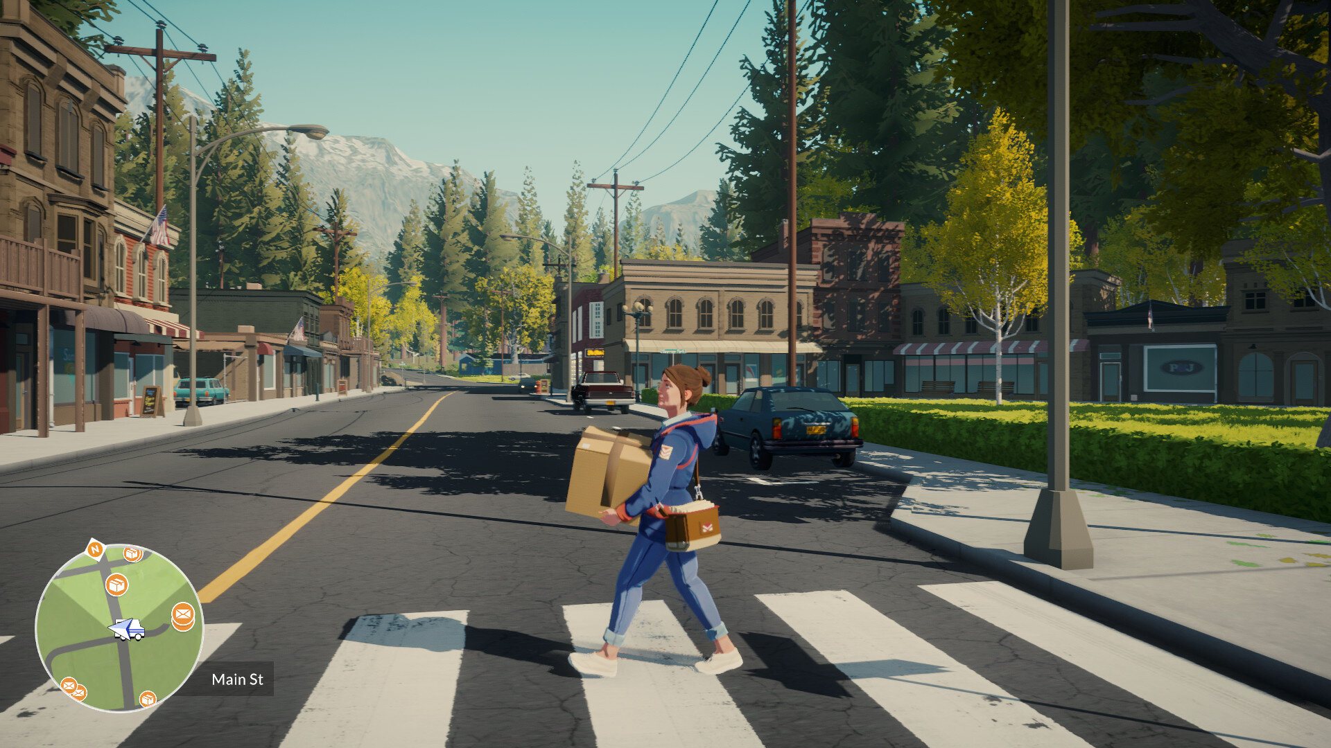 Meredith crossing the street with a parcel in Lake