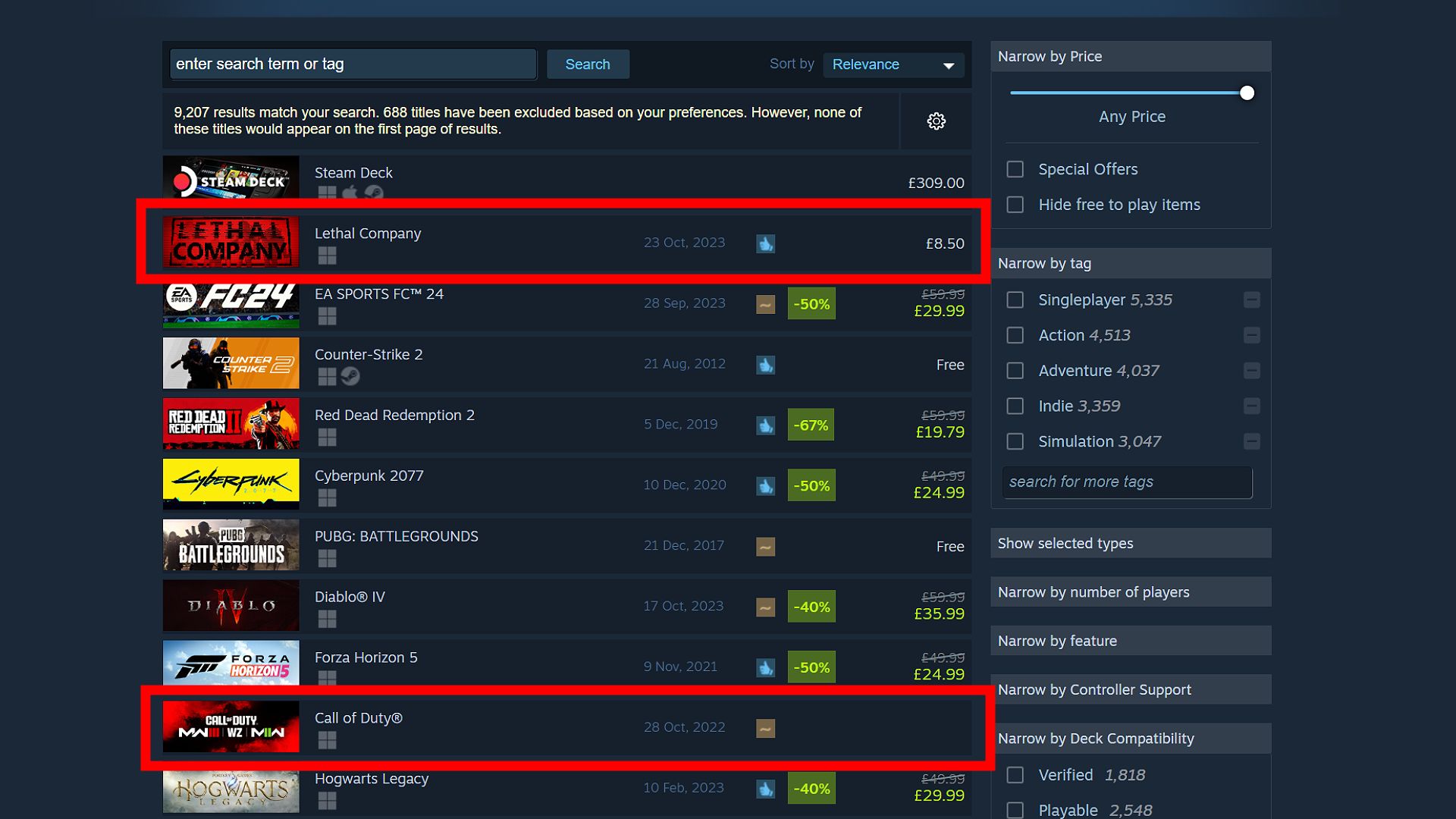 The Steam Global Top Sellers List with Lethal Company at the top