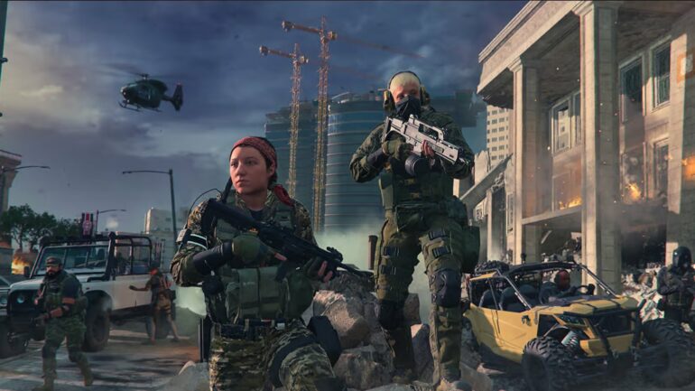 Soldiers running down a street in MW3