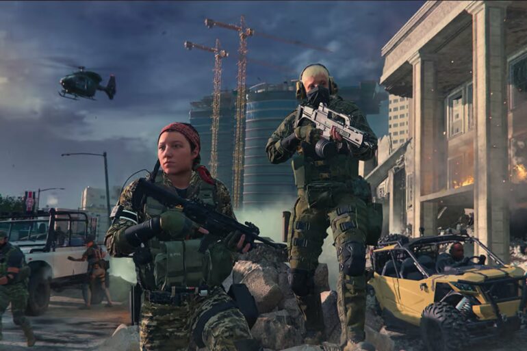 Soldiers running down a street in MW3