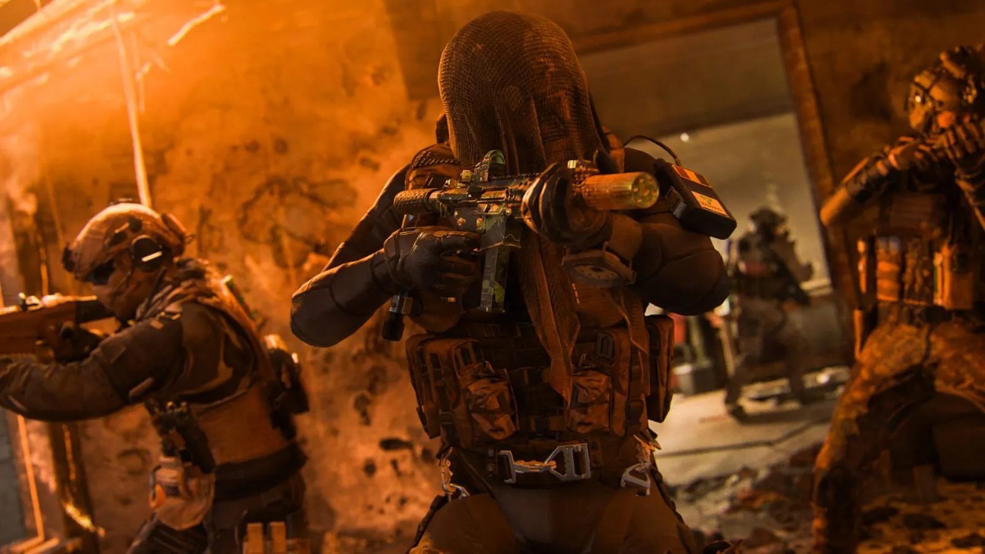 Soldiers walking through a room in MW3 Zombies