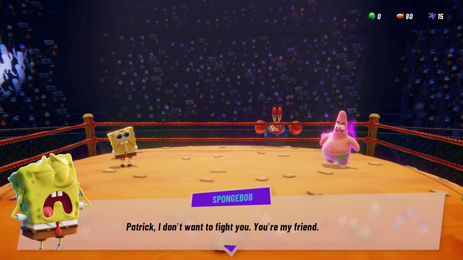 Spongebob talking to Patrick in Nickelodeon All-Star Brawl 2