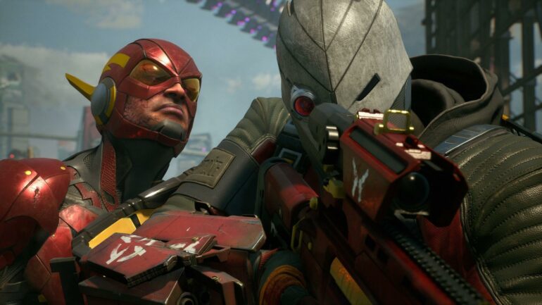 Evil Flash looking over Deadshot's shoulder
