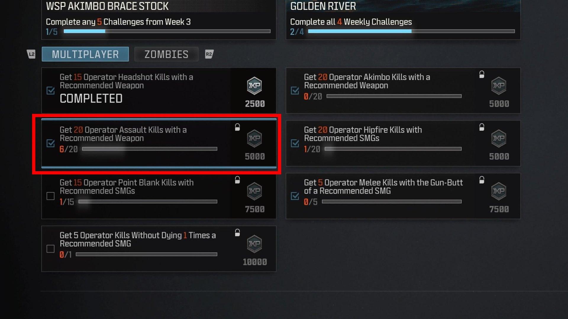 The MW3 Week 3 challenges with the Operator Assault Kills one highlighted