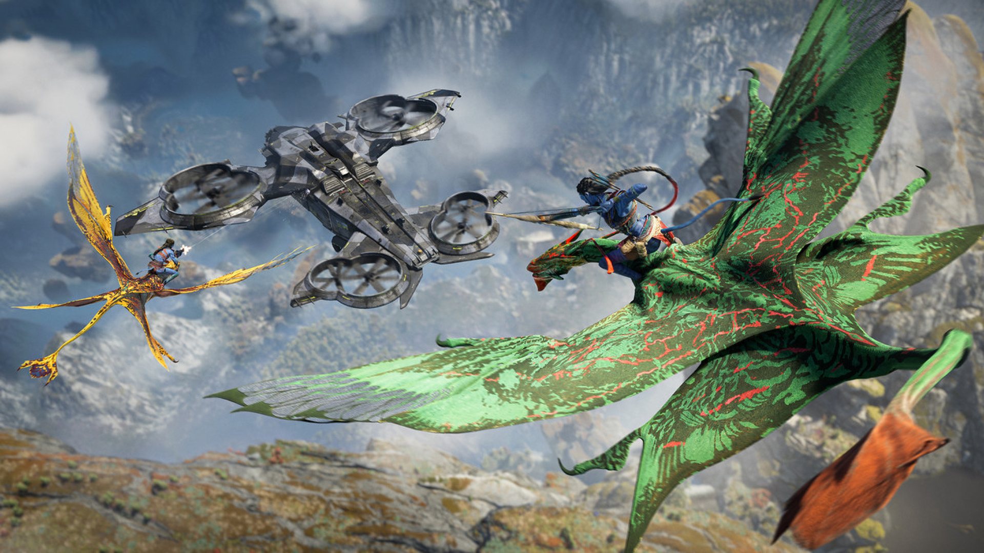 Player riding a banshee attacking a helicopter in Avatar: Frontiers of Pandora