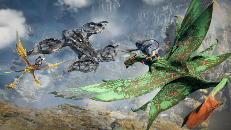 The player on an Ikran attacking a ship in Avatar: Frontiers of Pandora