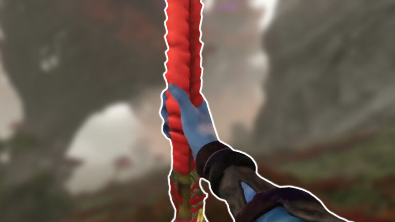The player harvesting a Sunset Reed with Blood Leaf Pollen on it