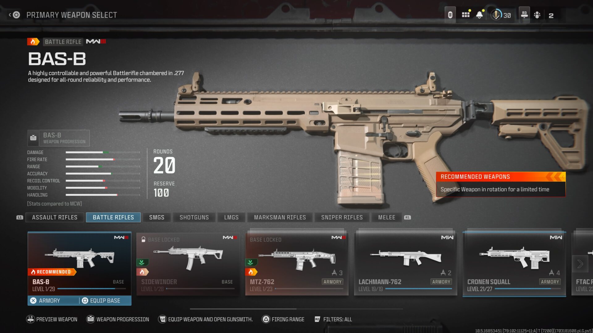 BAS-B Warzone In-game Loadout Gun Selection