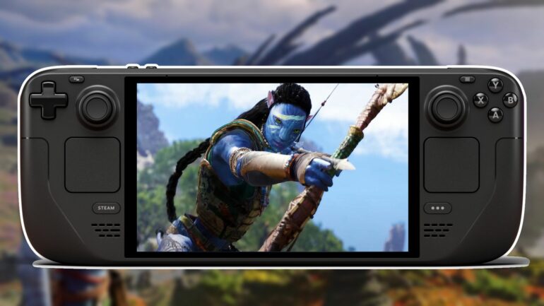 A Na'vi from Avatar: Frontiers of Pandora on a Steam Deck
