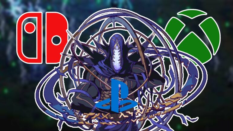 Time in Death Must Die holding the PlayStation logo next to the Switch and Xbox logos