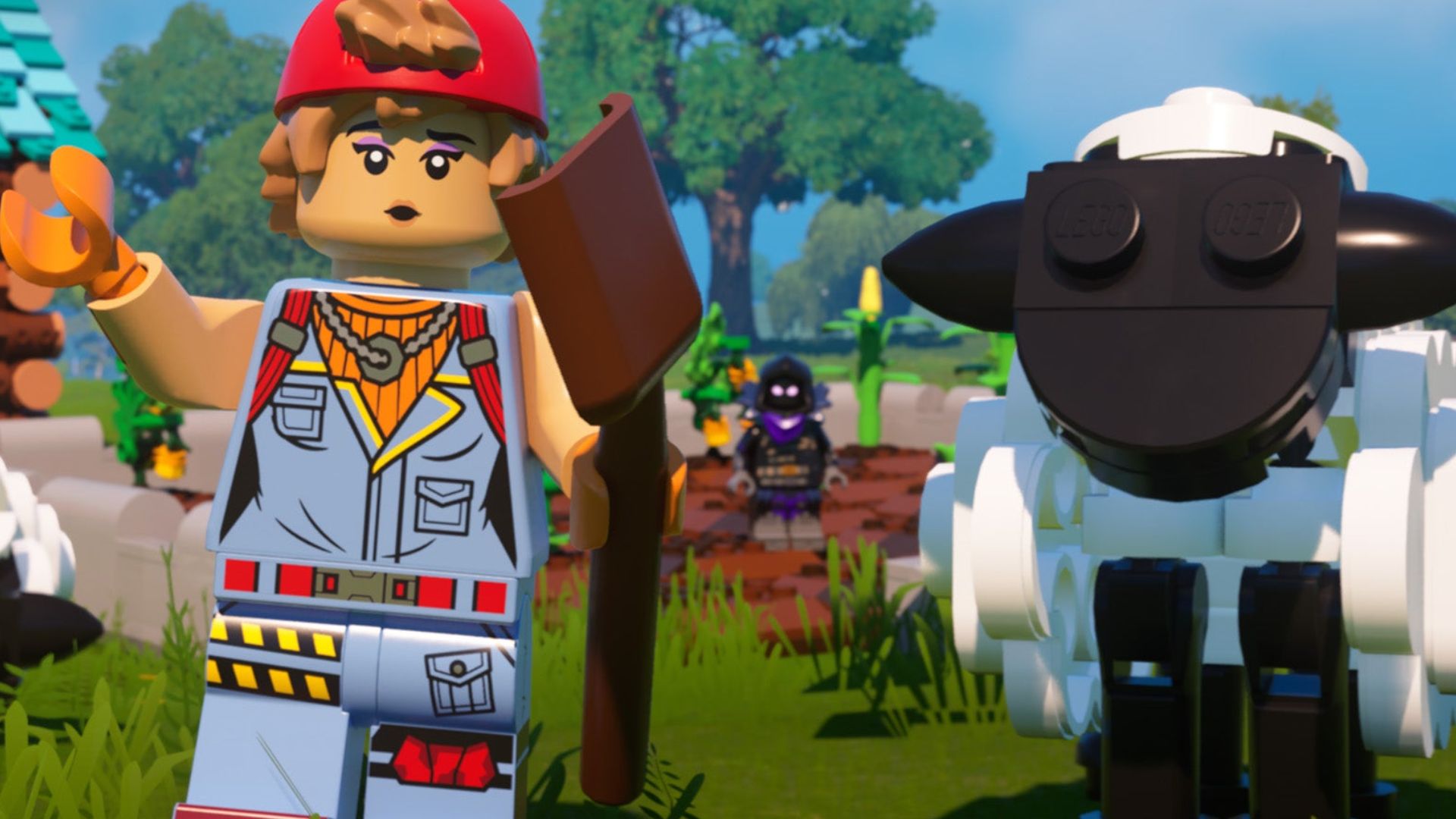 The player with a shovel and a sheep in LEGO Fortnite