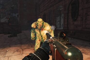 The player shooting the Overgrown enemy with a shotgun in Fallout 76 Atlantic City