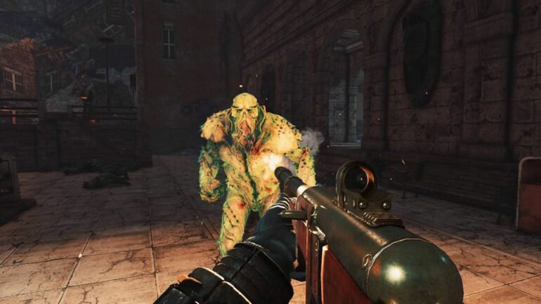 The player shooting the Overgrown enemy with a shotgun in Fallout 76 Atlantic City