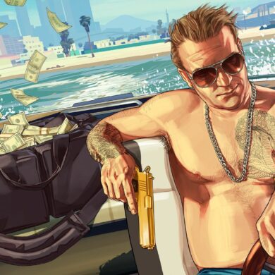 Man in a boat next to a bag of cash and a gun in GTA