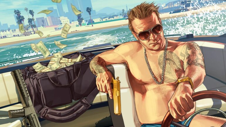 Man in a boat next to a bag of cash and a gun in GTA