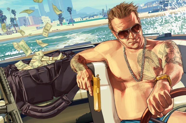 Man in a boat next to a bag of cash and a gun in GTA