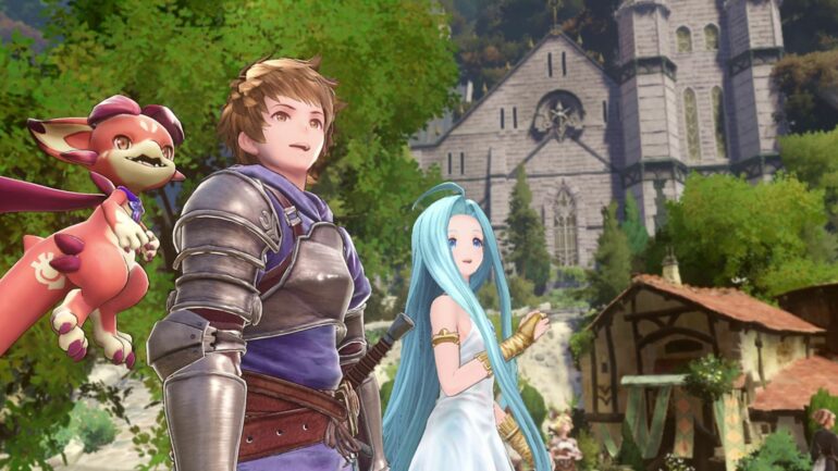 Gran standing in the town in Granblue Fantasy: Relink