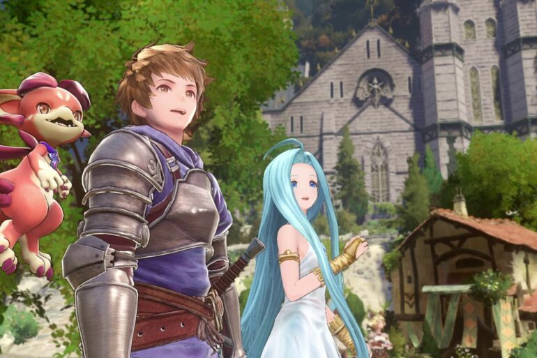 Gran standing in the town in Granblue Fantasy: Relink