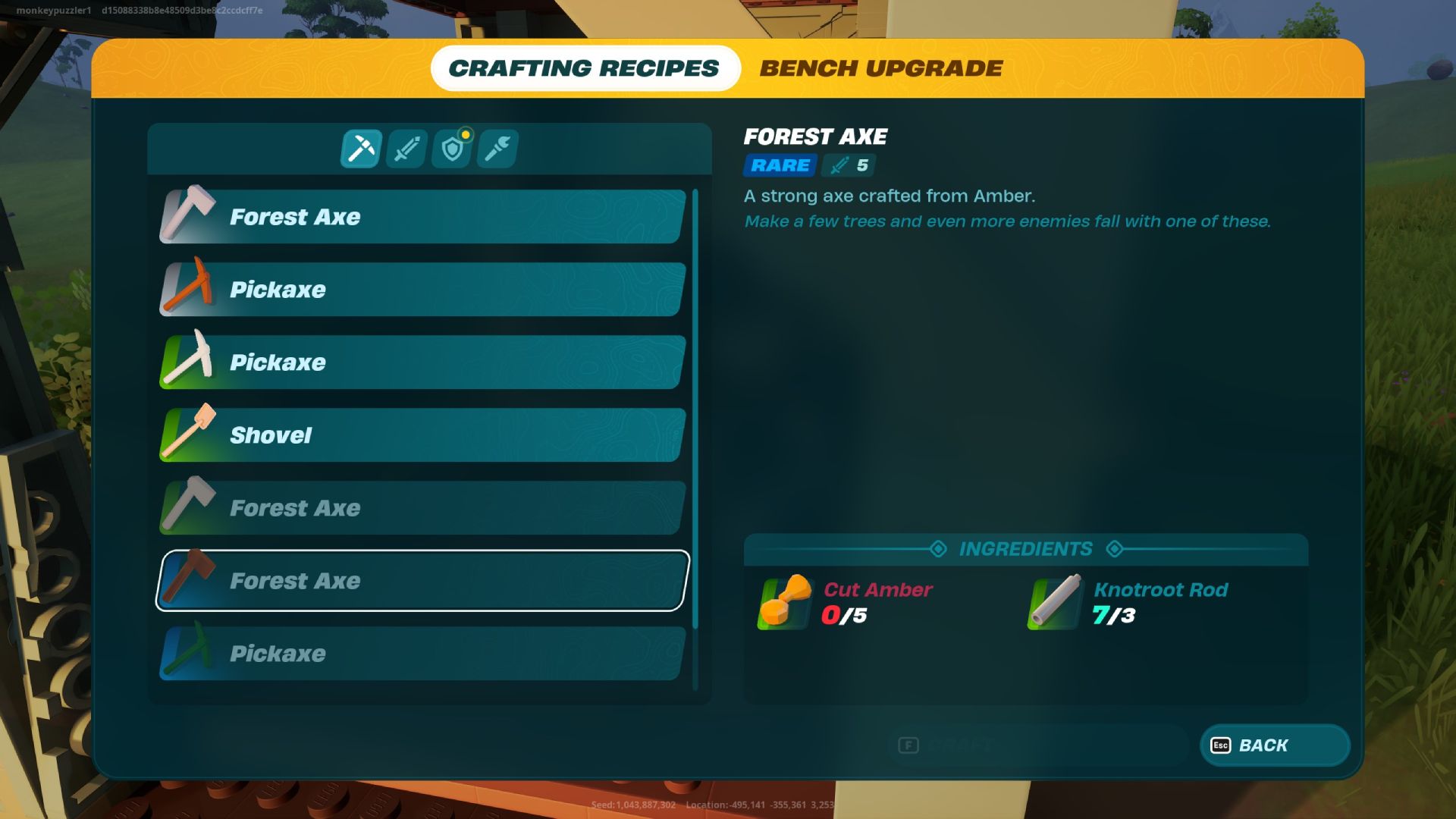 Rare Forest Axe recipe in LEGO Fortnite