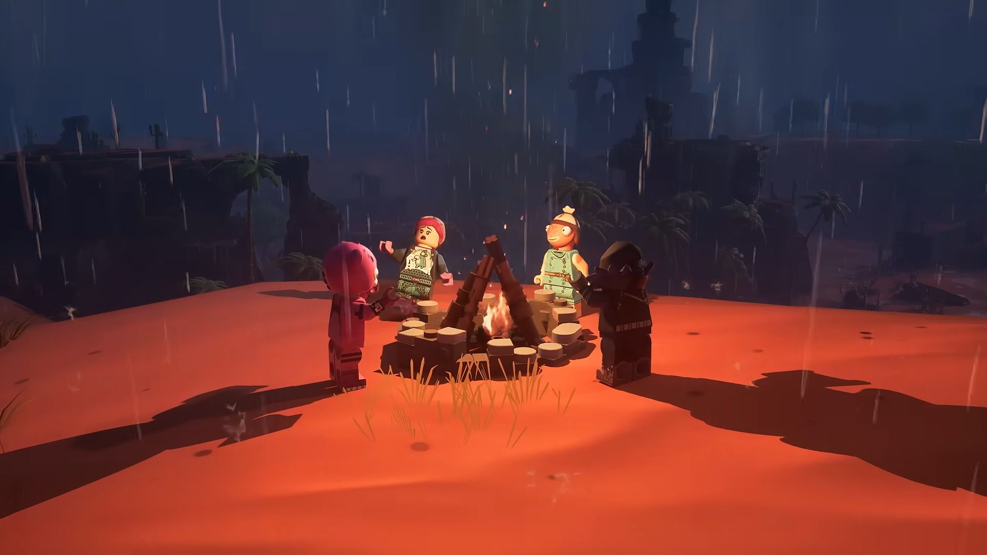 Players standing around a campfire in LEGO Fortnite