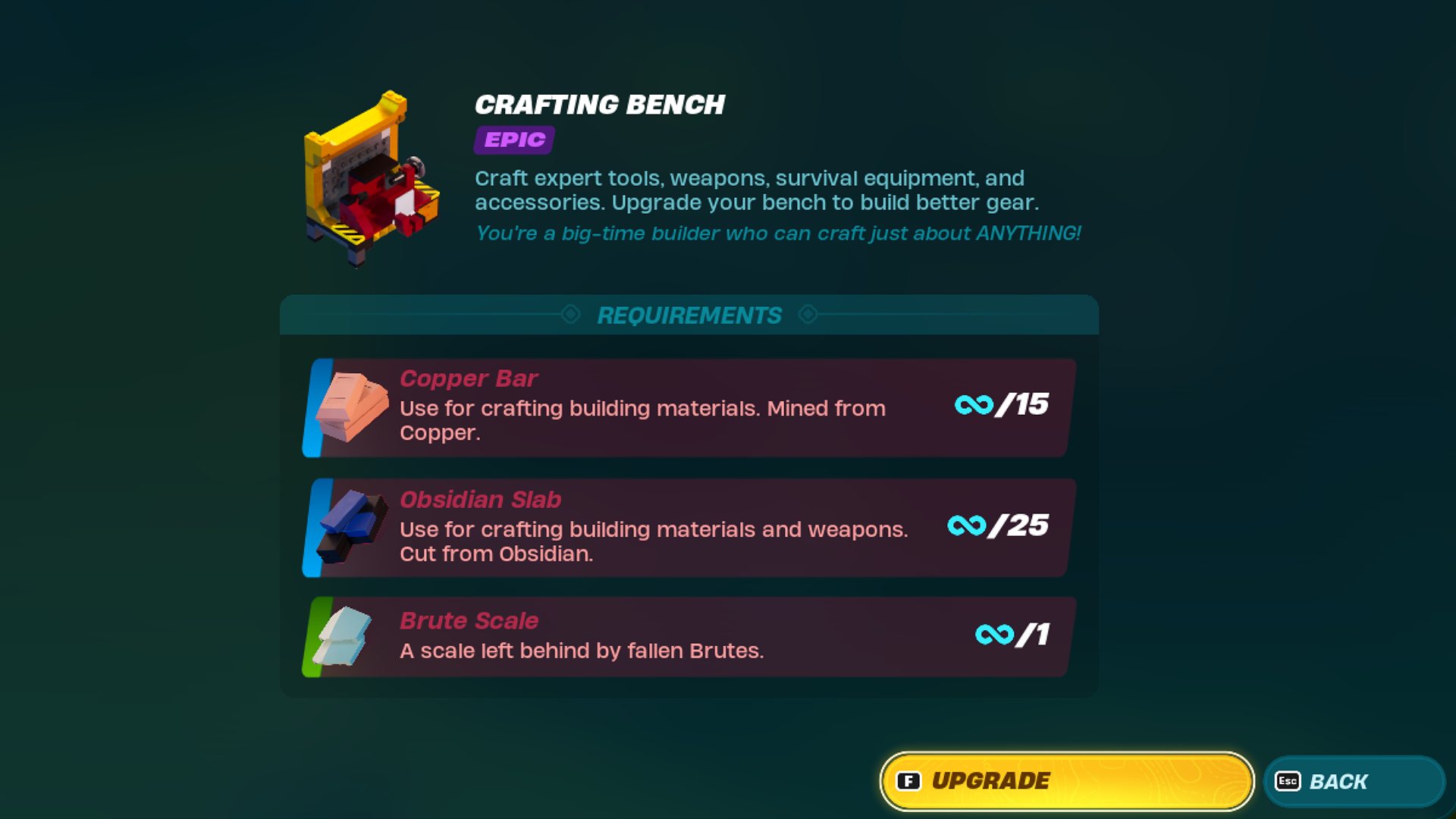 The upgrade recipe for the Crafting Bench in LEGO Fortnite