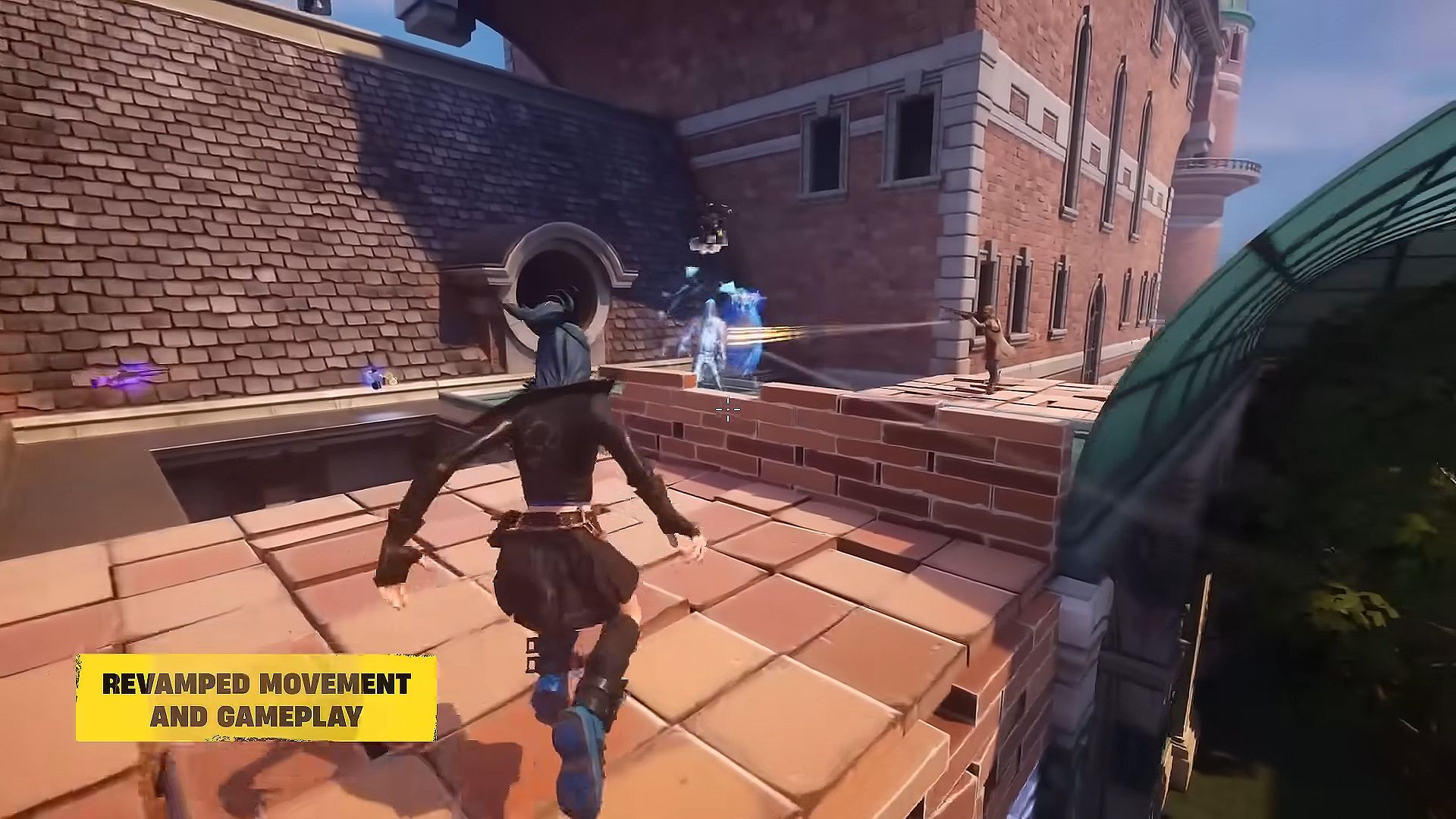 Fortnite player running across a rooftop