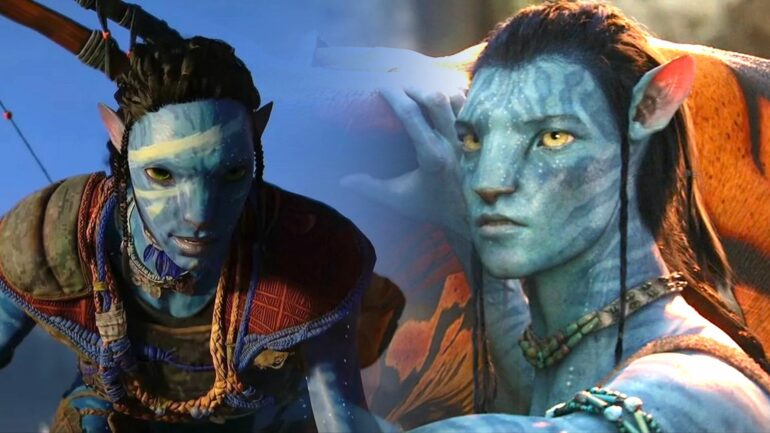 Jake Sully and the player's Na'vi from Avatar: Frontiers of Pandora