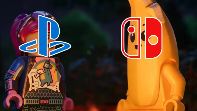 Peely and a Fortnite character with the PlayStation and Switch logos on them
