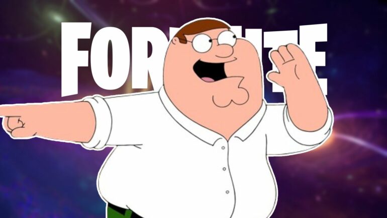 Peter Griffin with the Fortnite logo behind him