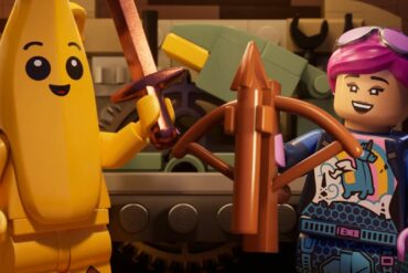 Peely and a LEGO Fortnite character holding weapons