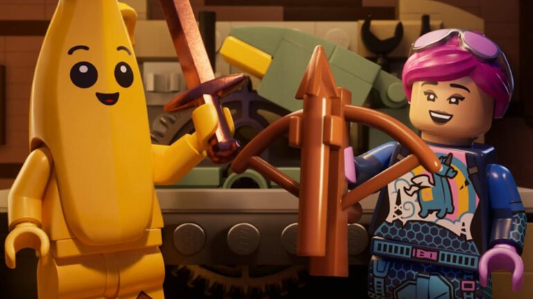 Peely and a LEGO Fortnite character holding weapons