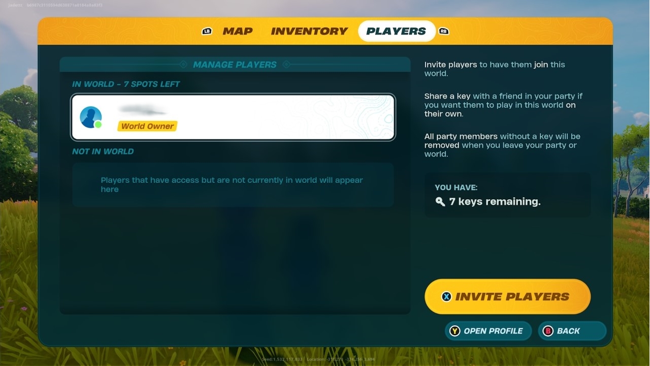 In-game Screenshot of the Players section in LEGO Fortnite