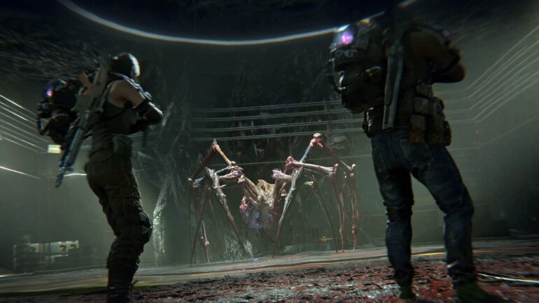 Two players shooting a giant spider monster in Once Human