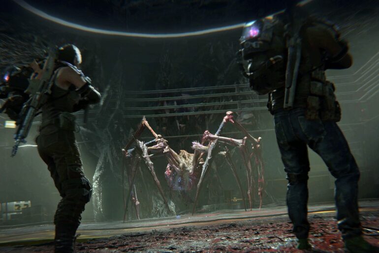 Two players shooting a giant spider monster in Once Human
