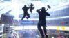 Two players jumping with sledgehammers in Skyview Stadium in The Finals