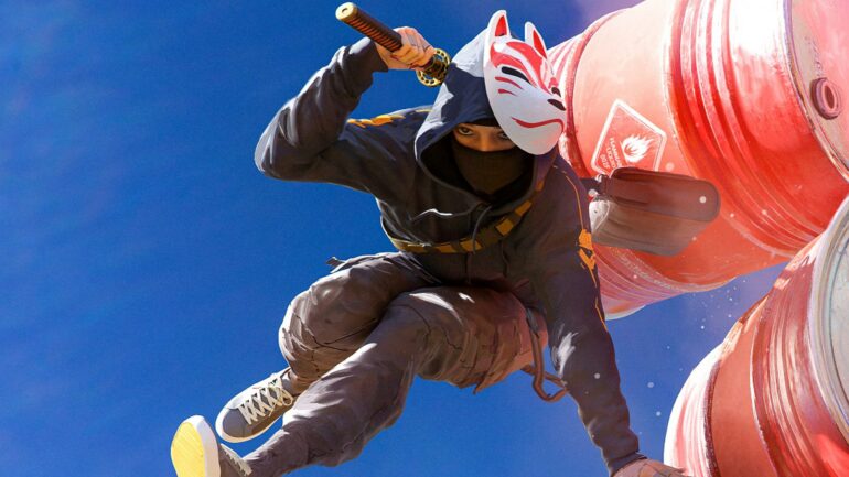 Player jumping over explosive barrels in The Finals