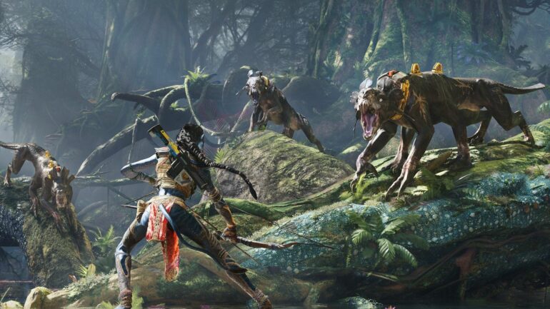 The player fighting enemies in Avatar: Frontiers of Pandora