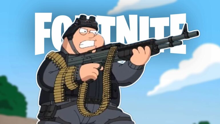 Peter Griffin from Family Guy holding an LMG with the Fortnite logo behind him