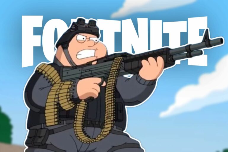 Peter Griffin from Family Guy holding an LMG with the Fortnite logo behind him