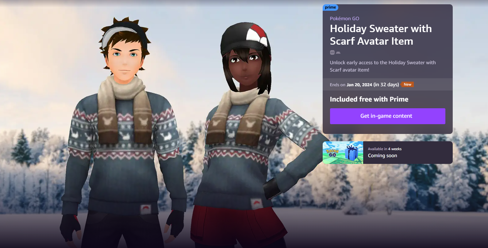 Holiday Sweater with Scarf Avatar Item in Pokemon Go on the Amazon Prime Gaming website