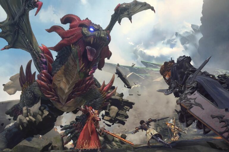 Granblue Fantasy: Relink characters fighting a dragon