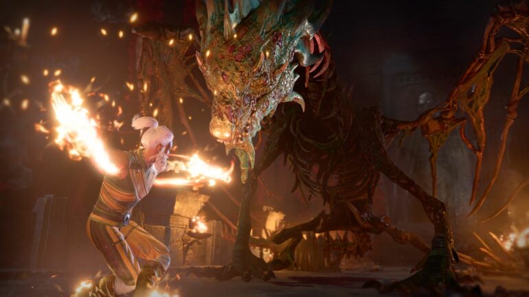 The player fighting a dragon in Baldur's Gate 3
