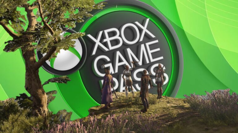 Xbox Game Pass logo behind Baldur's Gate 3 gameplay