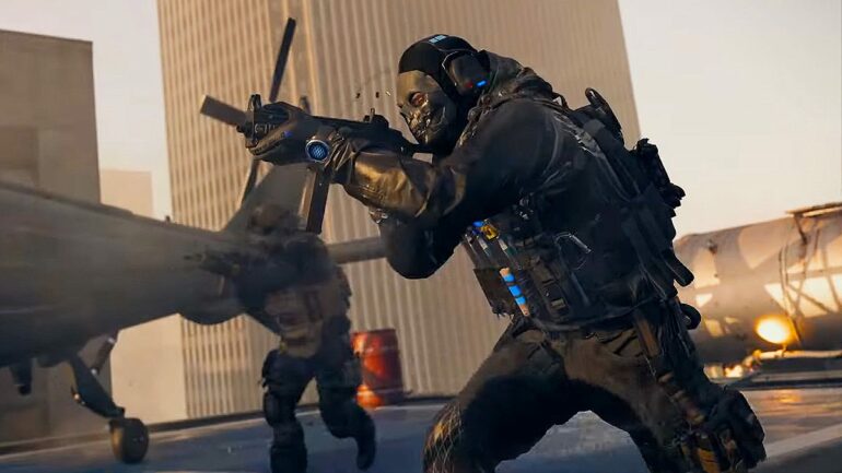 Ghost running past a helicopter with a rifle in MW3