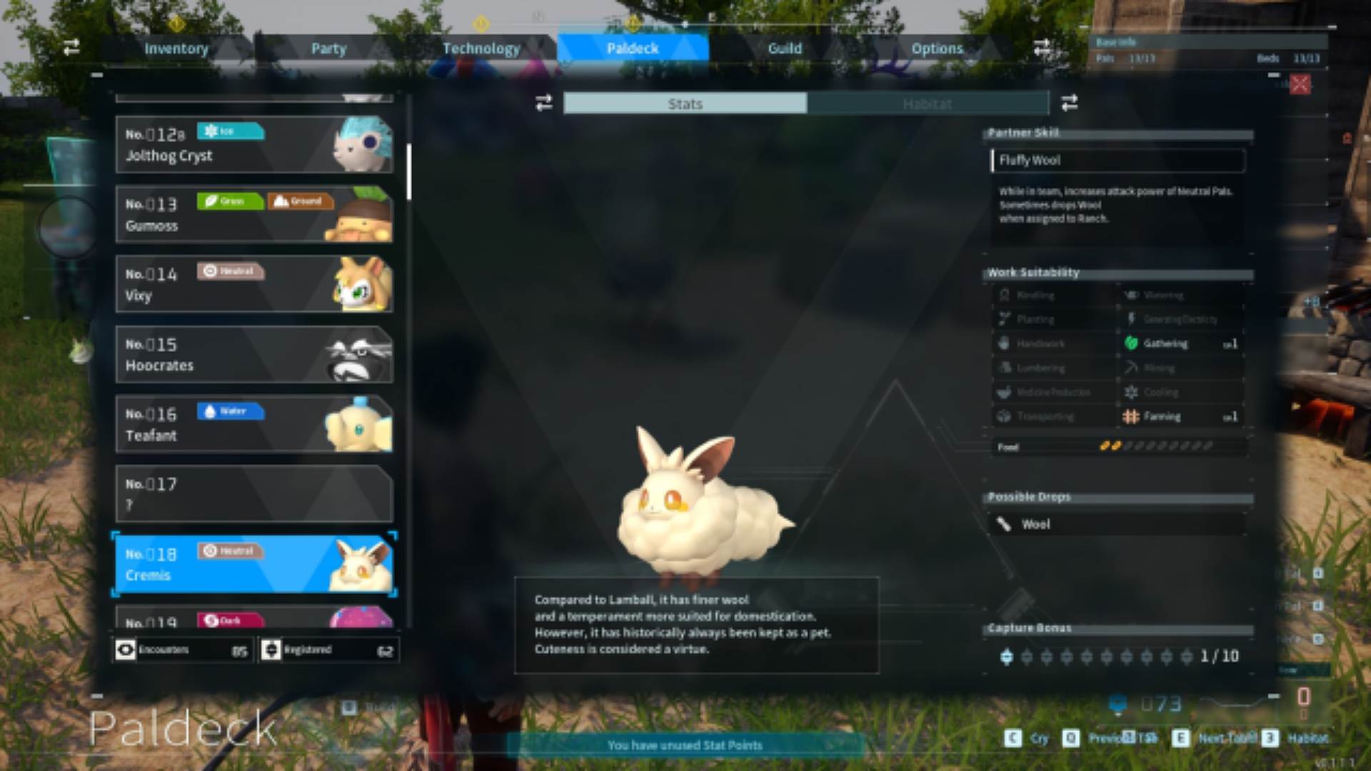 Cremis Palworld paldeck screen