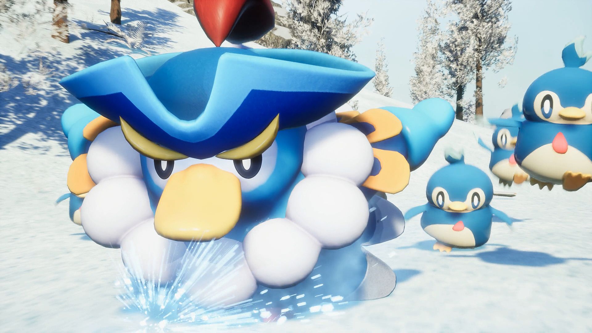 Penguin-like Pals rushing through water in Palworld